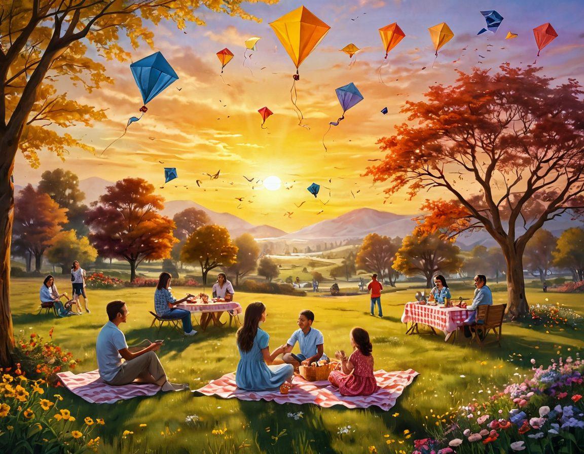 A scenic landscape featuring a golden sunrise with rays illuminating a joyful family picnic amidst blooming flowers. Include smiling faces of diverse people sharing heartfelt laughter, with children flying kites in the background. Accent the scene with vibrant colors and soft, warm tones to evoke feelings of happiness and elation. surrealism. vibrant colors. outdoor scenic.