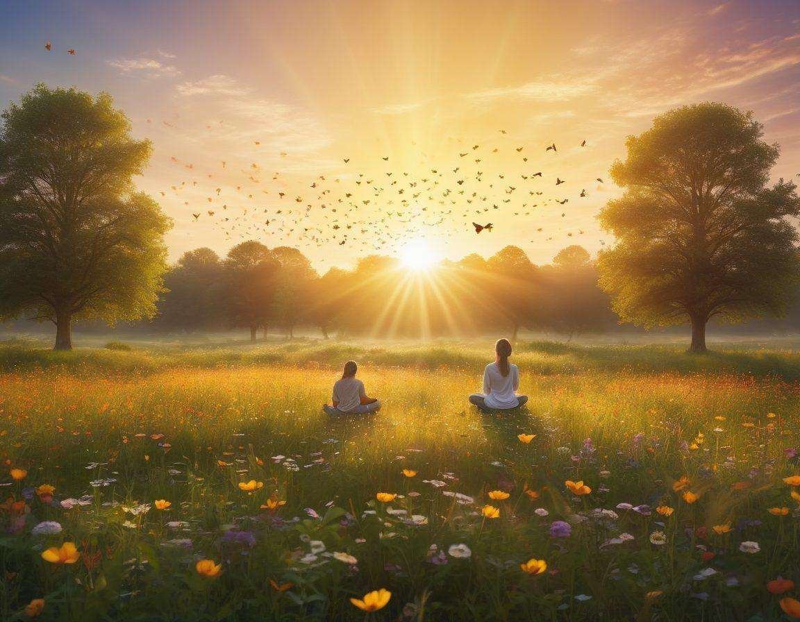 A serene landscape featuring a golden sunrise over a peaceful meadow, with diverse flowers in full bloom representing joy and happiness. In the foreground, a person practicing mindfulness or meditation surrounded by butterflies and birds, symbolizing inner peace. Soft beams of light create a warm atmosphere, enhancing the feeling of enlightenment and positivity. impressionistic style. vibrant colors. wide angle.