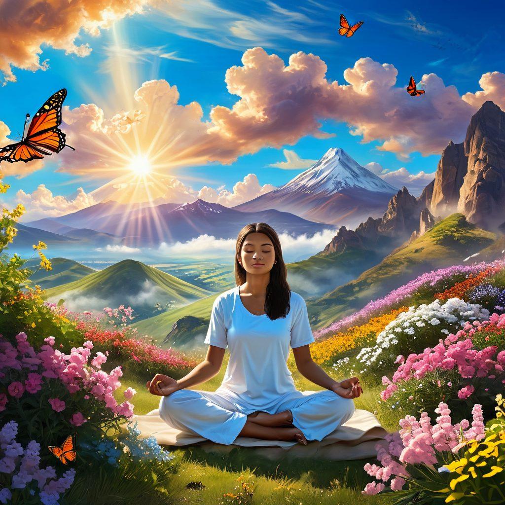 A serene, sunlit landscape depicting a person meditating on a hilltop, surrounded by blooming flowers and butterflies. Soft rays of sunshine illuminating their peaceful expression, symbolizing joy and tranquility. In the background, a vibrant sky with fluffy clouds and distant mountains represents the journey to happiness. super-realistic. vibrant colors. tranquil atmosphere.